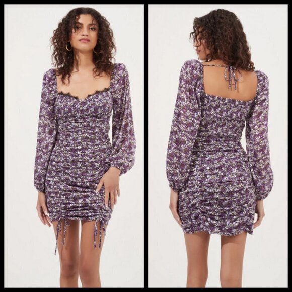 💕ASTR💕 Mardi Lace Trimmed Floral Ruched Mini Dress Purple Floral Large NWOT - Picture 1 of 13